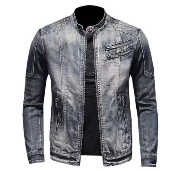 Picture of Fashion men's denim jacket European and American casual retro large size stand collar zipper jacket cycling motorcycle clothing
