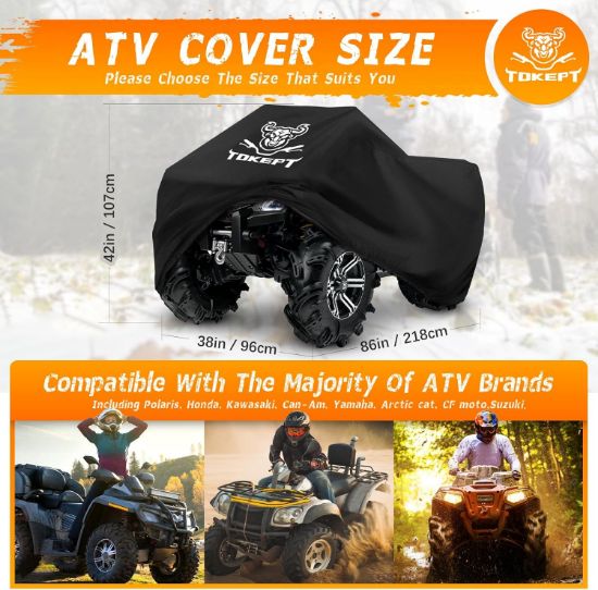 Picture of ATV Cover, Heavy Duty Black Waterproof Oxford Fabric Protective 4 Wheeler Quad Cover for 86" Kawasaki Honda Polaris Yamaha (86''L x 38''W x 42''H)