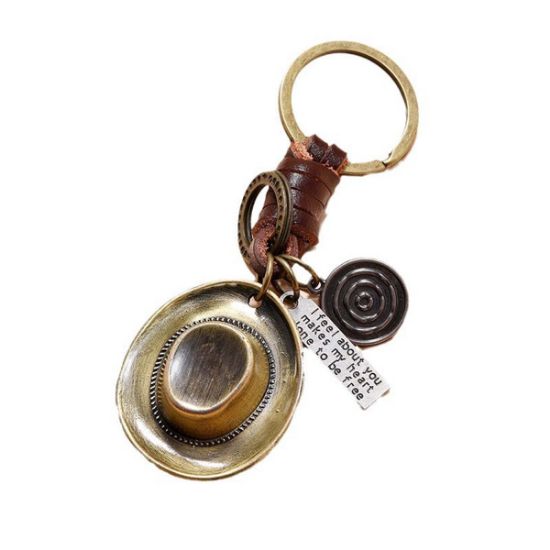 Picture of European and American new accessories hand-woven retro alloy cowboy hat cowhide keychain personality creative car pendant