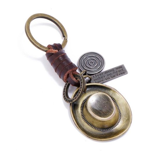 Picture of European and American new accessories hand-woven retro alloy cowboy hat cowhide keychain personality creative car pendant