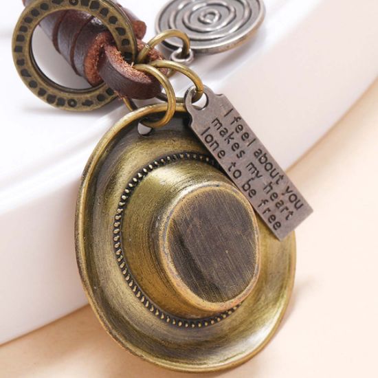 Picture of European and American new accessories hand-woven retro alloy cowboy hat cowhide keychain personality creative car pendant